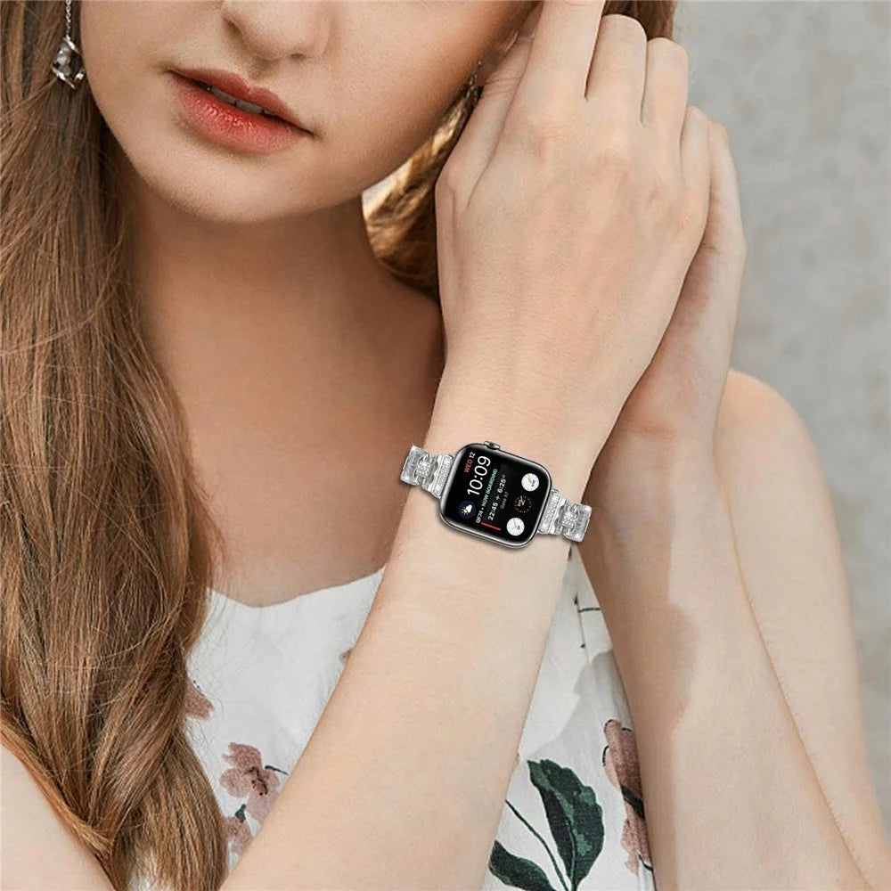 Watch Band For Apple Watch Series 11 10 42mm / 9 8 7 41mm / SE3 SE2 SE 6 5 4 40mm / 3 2 1 38mm Zinc Alloy Replacement Strap with Rhinestone Decor - Silver - 5