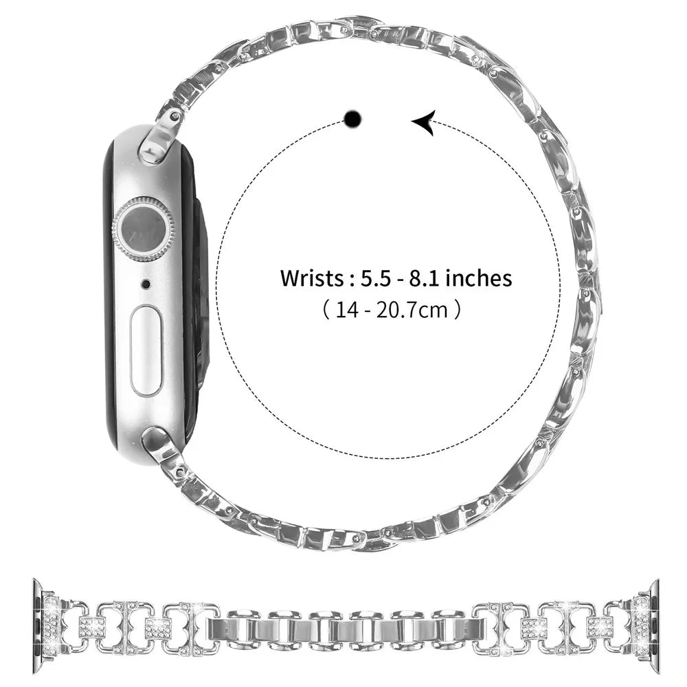 Watch Band For Apple Watch Series 11 10 42mm / 9 8 7 41mm / SE3 SE2 SE 6 5 4 40mm / 3 2 1 38mm Zinc Alloy Replacement Strap with Rhinestone Decor - Silver - 7