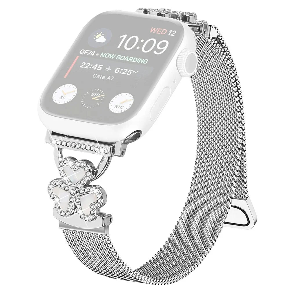 Silver Milanese Strap for Apple Watch Series 11 10 42mm / 9 8 7 41mm / SE3 SE2 SE 6 5 4 40mm / 3 2 1 38mm Heart Clover Watchband - 1