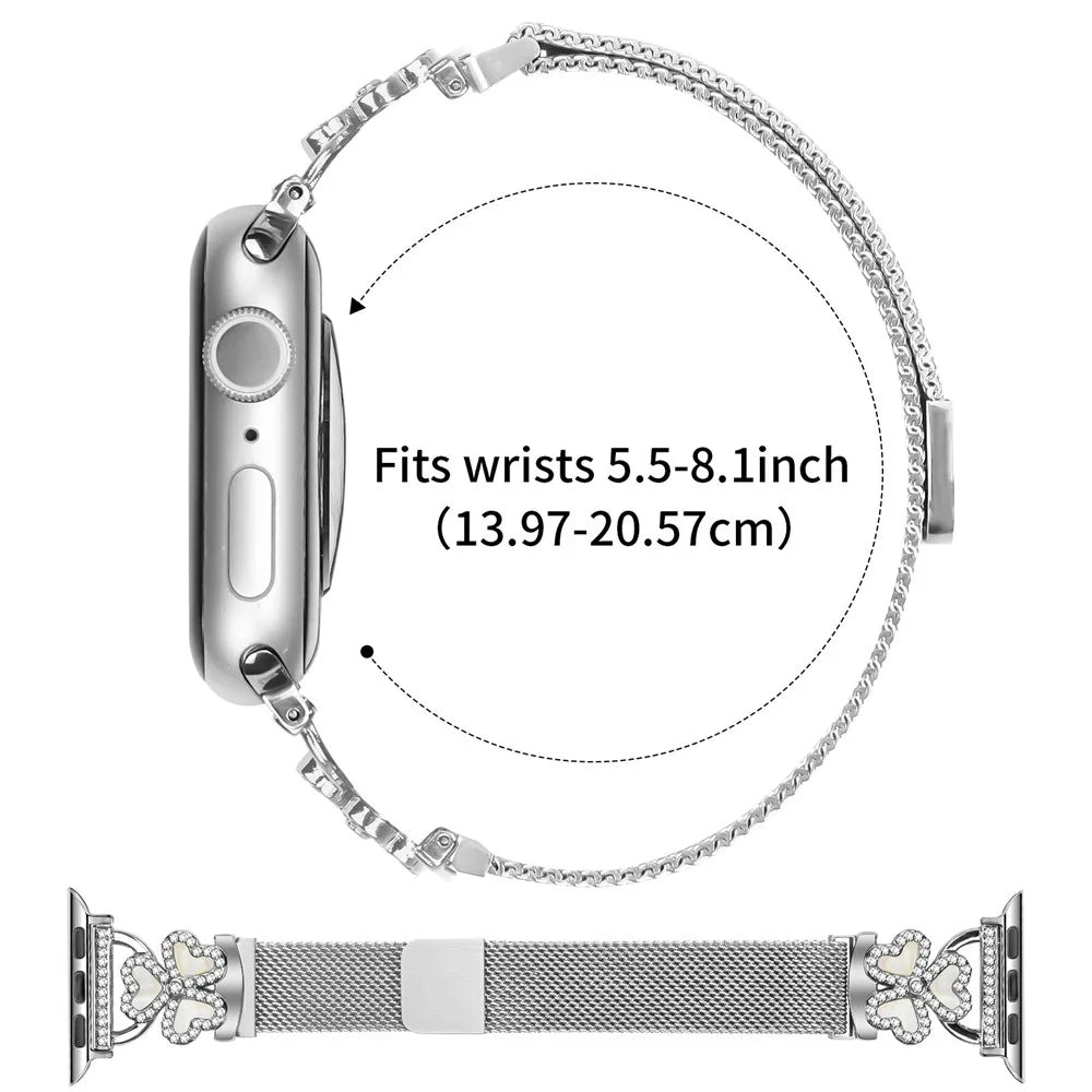 Silver Milanese Strap for Apple Watch Series 11 10 42mm / 9 8 7 41mm / SE3 SE2 SE 6 5 4 40mm / 3 2 1 38mm Heart Clover Watchband - 6