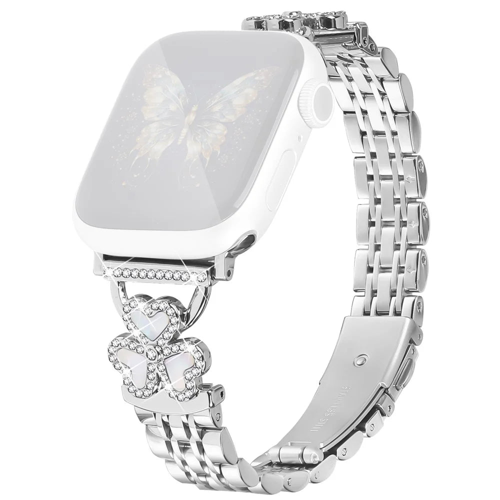 Silver Heart Clover Metal Band for Apple Watch Series 11 10 42mm / 9 8 7 41mm / SE3 SE2 SE 6 5 4 40mm / 3 2 1 38mm Watch Strap 7-Bead Shiny Design - 1