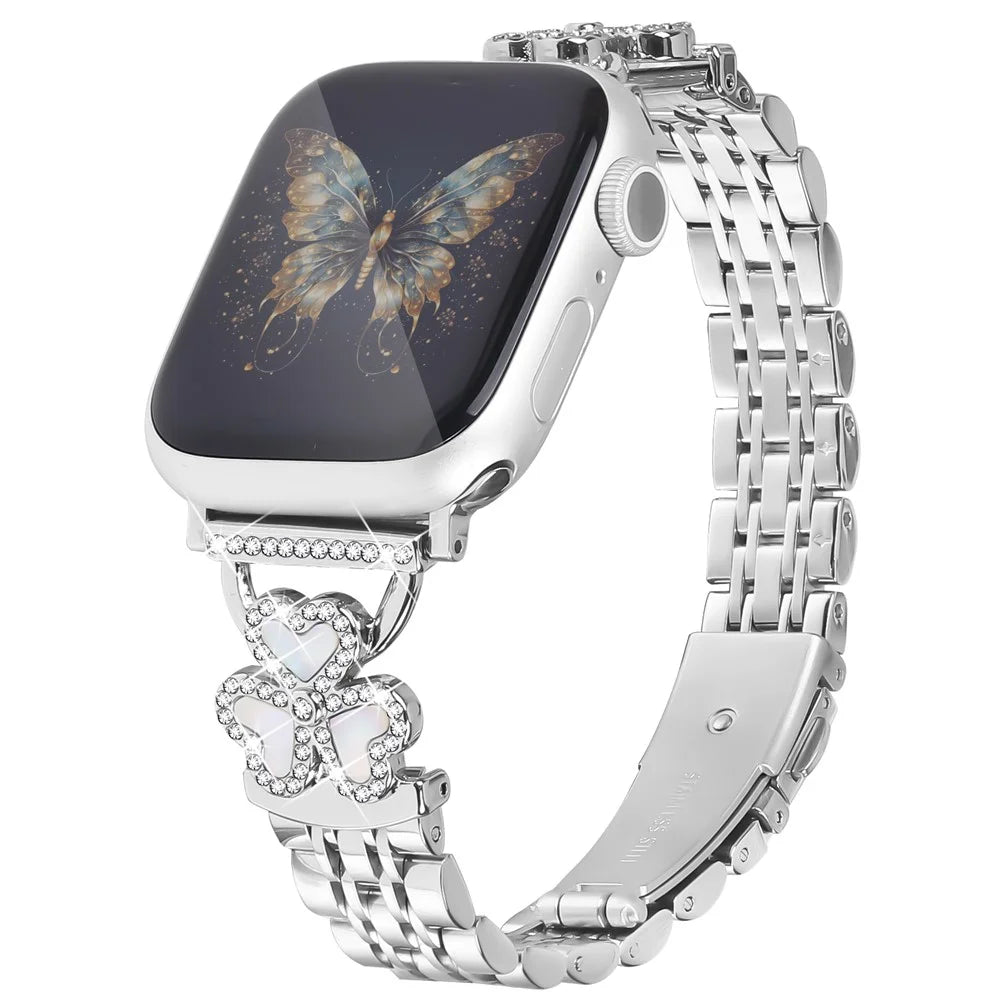 Silver Heart Clover Metal Band for Apple Watch Series 11 10 42mm / 9 8 7 41mm / SE3 SE2 SE 6 5 4 40mm / 3 2 1 38mm Watch Strap 7-Bead Shiny Design - 2