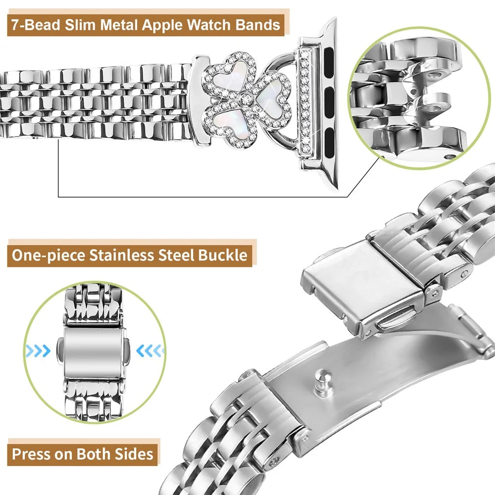 Silver Heart Clover Metal Band for Apple Watch Series 11 10 42mm / 9 8 7 41mm / SE3 SE2 SE 6 5 4 40mm / 3 2 1 38mm Watch Strap 7-Bead Shiny Design - 4