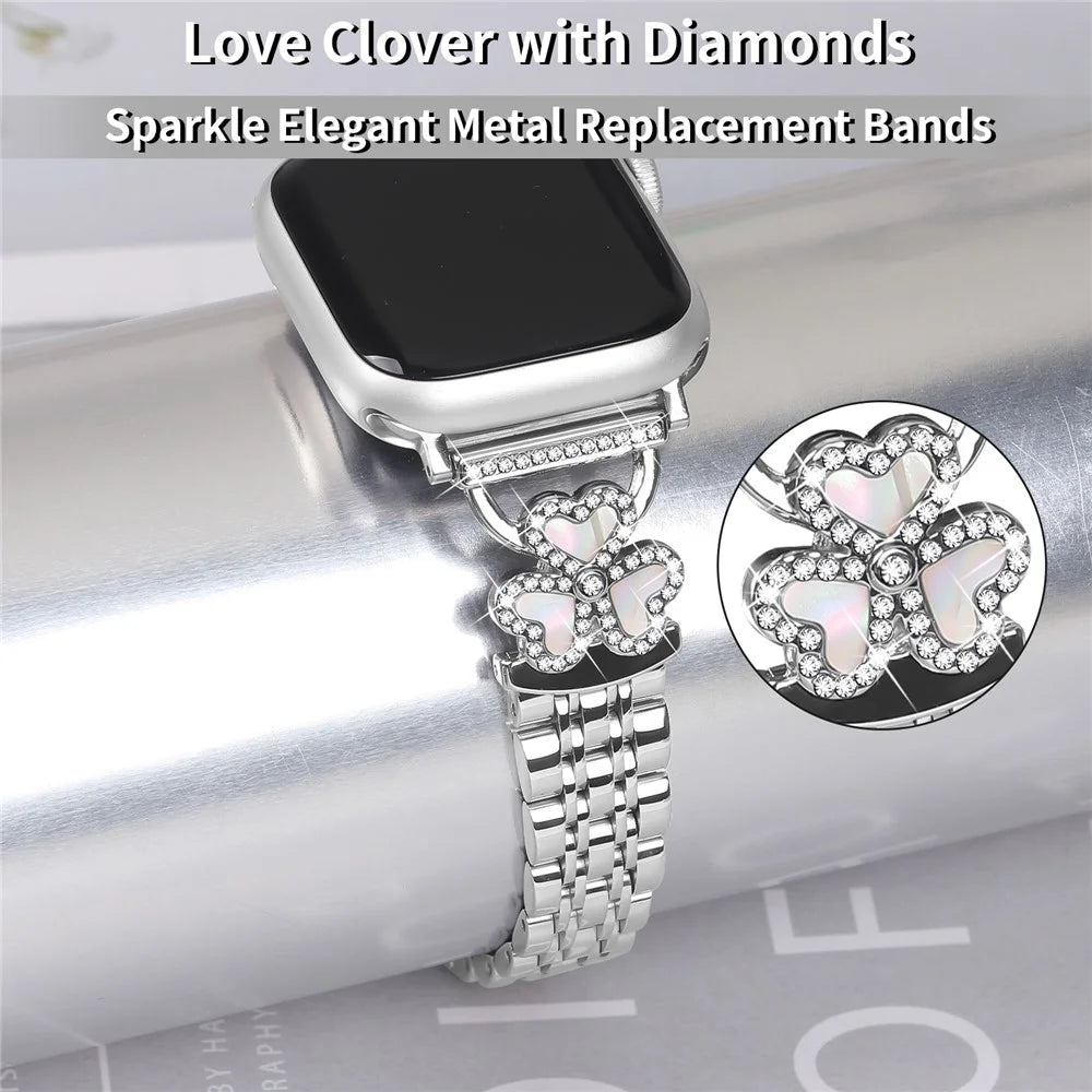 Silver Heart Clover Metal Band for Apple Watch Series 11 10 42mm / 9 8 7 41mm / SE3 SE2 SE 6 5 4 40mm / 3 2 1 38mm Watch Strap 7-Bead Shiny Design - 6
