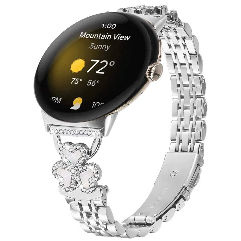 Silver Heart Clover Metal Band for Google Pixel Watch 4 41mm / Watch 3 41mm / Watch 2 / Watch 7-Bead Shiny Design - 2