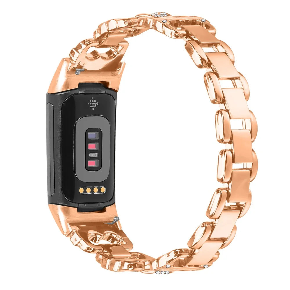 For Fitbit Charge 6 / 5 Zinc Alloy Watch Band Rhinestone Inlaid Replacement Metal Strap - Rose Gold - 1