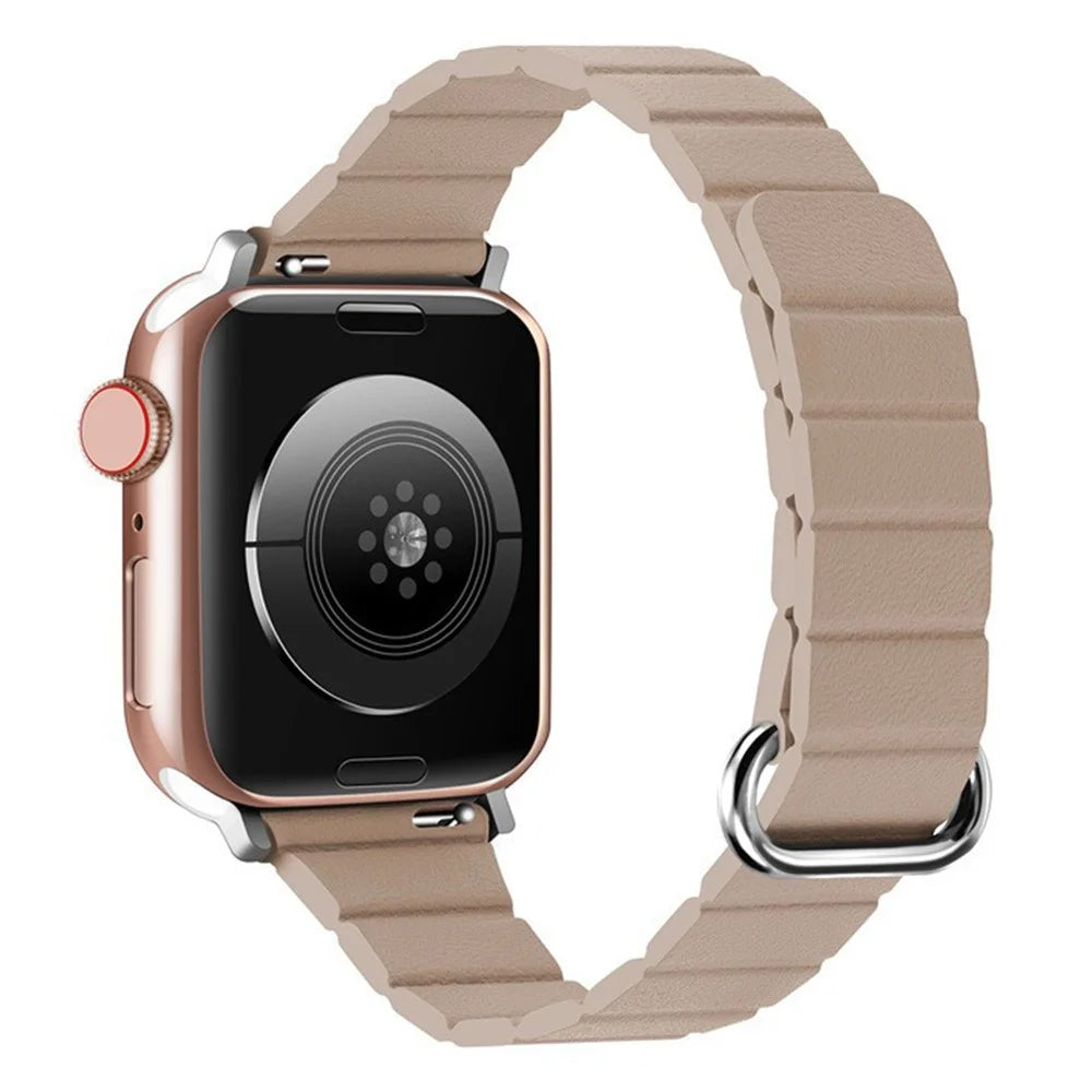 Slim Magnetic Strap for Apple Watch Ultra 3 2 1 49mm / Series 11 10 46mm / 9 8 7 45mm / SE3 SE2 SE 6 5 4 44mm / 3 2 1 42mm Microfiber Leather Watch Band Reverse Buckle Design - Khaki / Silver - 1
