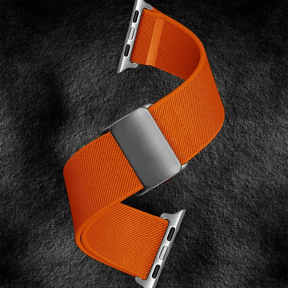 Magnetic Nylon Band for Apple Watch Ultra 3 2 1 49mm / Series 11 10 46mm / 9 8 7 45mm / SE3 SE2 SE 6 5 4 44mm / 3 2 1 42mm Adjustable Elastic Watch Strap - Orange - 4