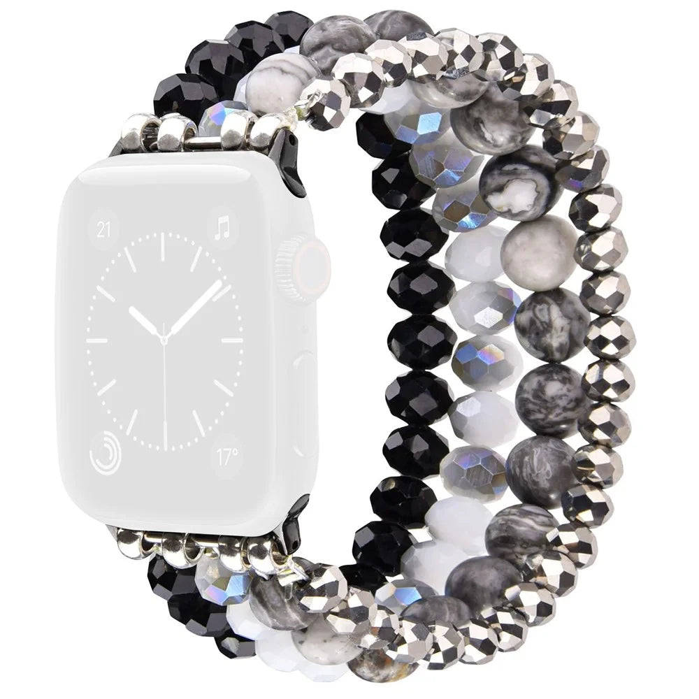Beaded Replacement Strap for Apple Watch Series 11 10 42mm / 9 8 7 41mm / SE3 SE2 SE 6 5 4 40mm / 3 2 1 38mm Elegant Bracelet Watch Band with Metal Connector - Black - 1