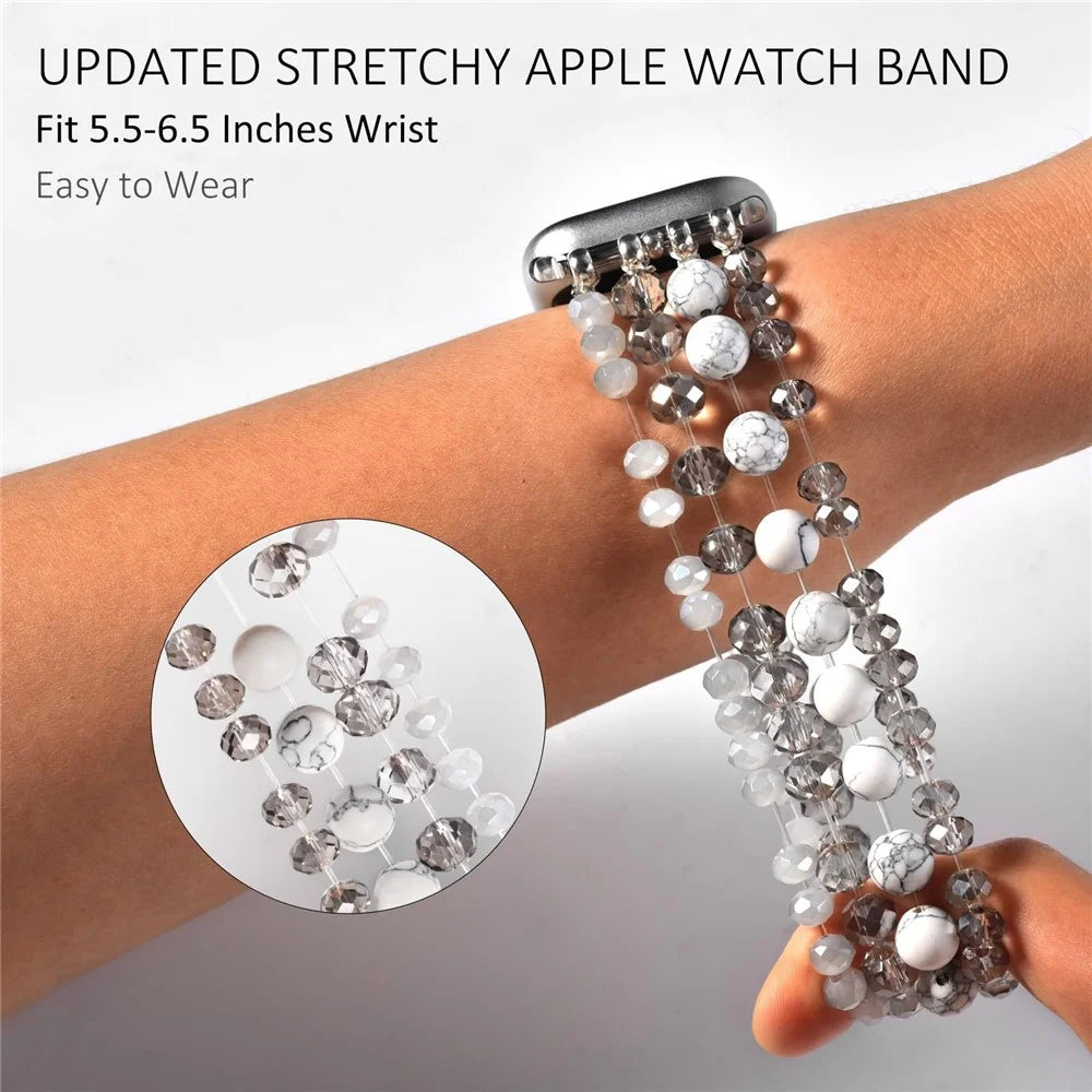 Beaded Replacement Strap for Apple Watch Series 11 10 42mm / 9 8 7 41mm / SE3 SE2 SE 6 5 4 40mm / 3 2 1 38mm Elegant Bracelet Watch Band with Metal Connector - Black - 3