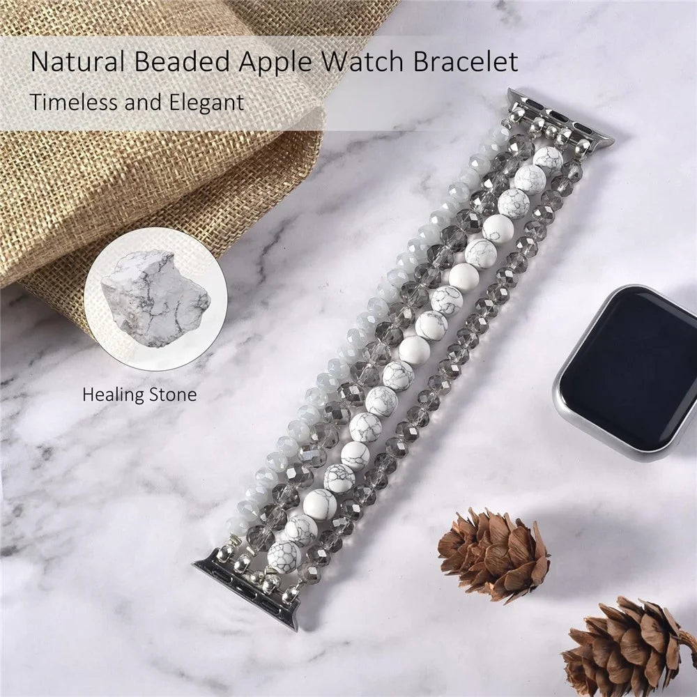 Beaded Replacement Strap for Apple Watch Series 11 10 42mm / 9 8 7 41mm / SE3 SE2 SE 6 5 4 40mm / 3 2 1 38mm Elegant Bracelet Watch Band with Metal Connector - Black - 4