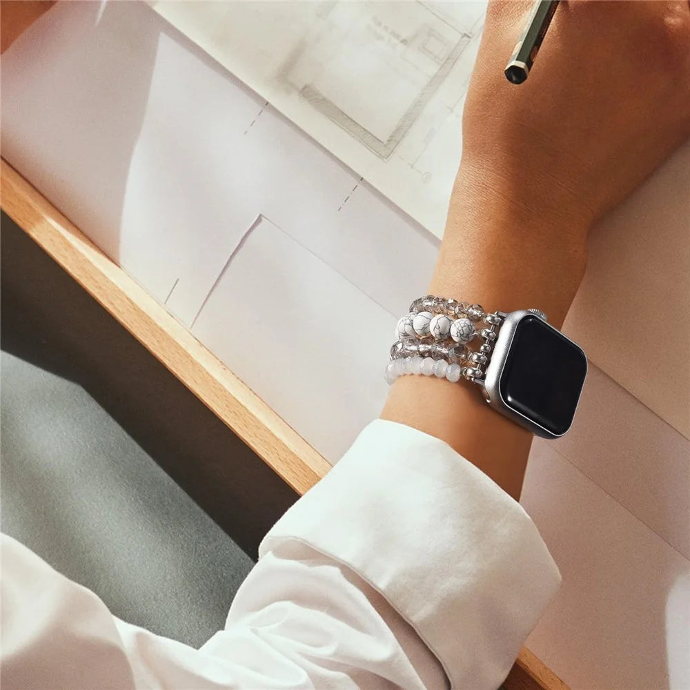 Beaded Replacement Strap for Apple Watch Series 11 10 42mm / 9 8 7 41mm / SE3 SE2 SE 6 5 4 40mm / 3 2 1 38mm Elegant Bracelet Watch Band with Metal Connector - Black - 6