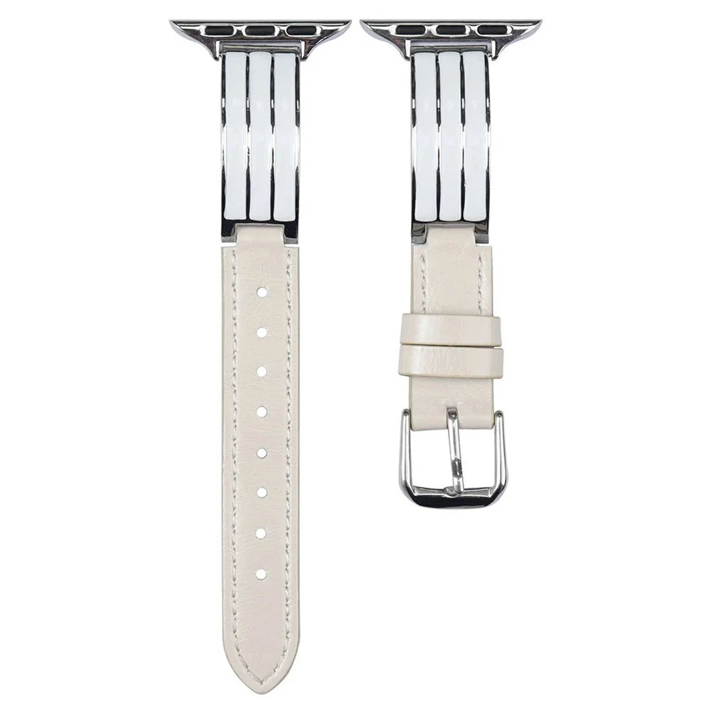 Textured Genuine Leather + Metal Strap for Apple Watch Series 11 10 42mm / 9 8 7 41mm / SE3 SE2 SE 6 5 4 40mm / 3 2 1 38mm Adjustable Watch Band - Beige / Silver Buckle - 1