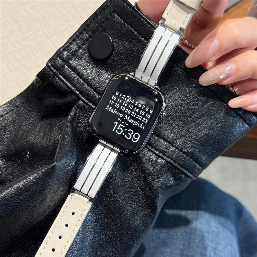 Textured Genuine Leather + Metal Strap for Apple Watch Series 11 10 42mm / 9 8 7 41mm / SE3 SE2 SE 6 5 4 40mm / 3 2 1 38mm Adjustable Watch Band - Beige / Silver Buckle - 2