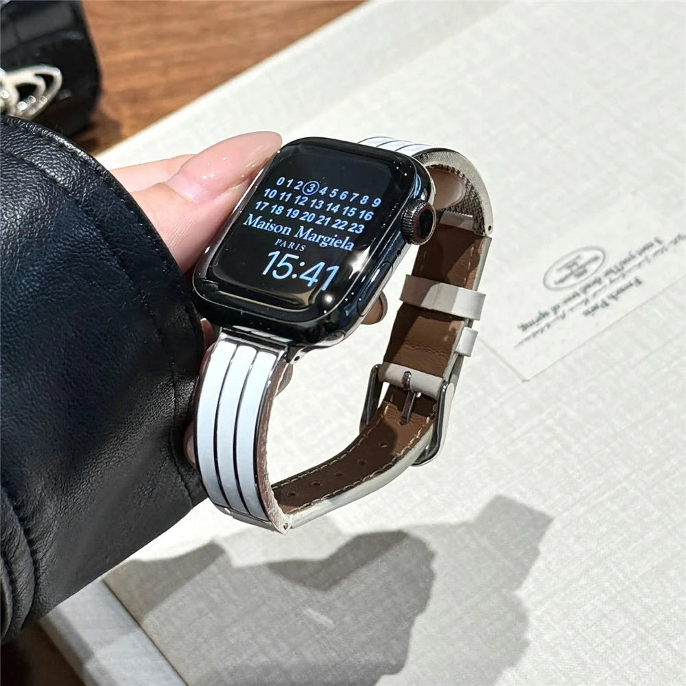 Textured Genuine Leather + Metal Strap for Apple Watch Series 11 10 42mm / 9 8 7 41mm / SE3 SE2 SE 6 5 4 40mm / 3 2 1 38mm Adjustable Watch Band - Beige / Silver Buckle - 3
