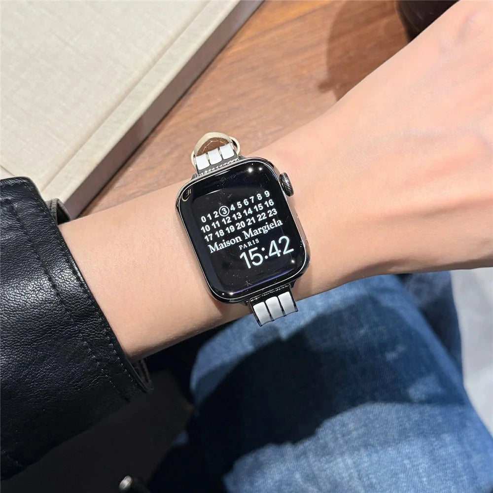 Textured Genuine Leather + Metal Strap for Apple Watch Series 11 10 42mm / 9 8 7 41mm / SE3 SE2 SE 6 5 4 40mm / 3 2 1 38mm Adjustable Watch Band - Beige / Silver Buckle - 4