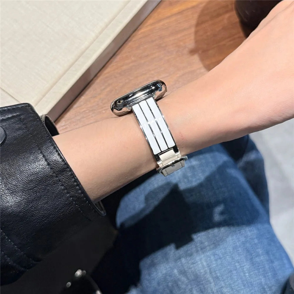 Textured Genuine Leather + Metal Strap for Apple Watch Series 11 10 42mm / 9 8 7 41mm / SE3 SE2 SE 6 5 4 40mm / 3 2 1 38mm Adjustable Watch Band - Beige / Silver Buckle - 5