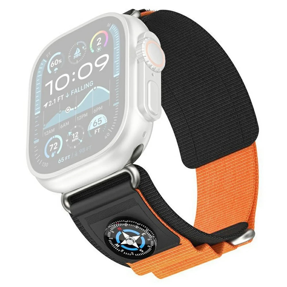 Nylon Band with Compass for Apple Watch Ultra 3 2 1 49mm / Series 11 10 46mm / 9 8 7 45mm / SE3 SE2 SE 6 5 4 44mm / 3 2 1 42mm Adjustable Magic Tape Watch Strap - Black / Orange - 1