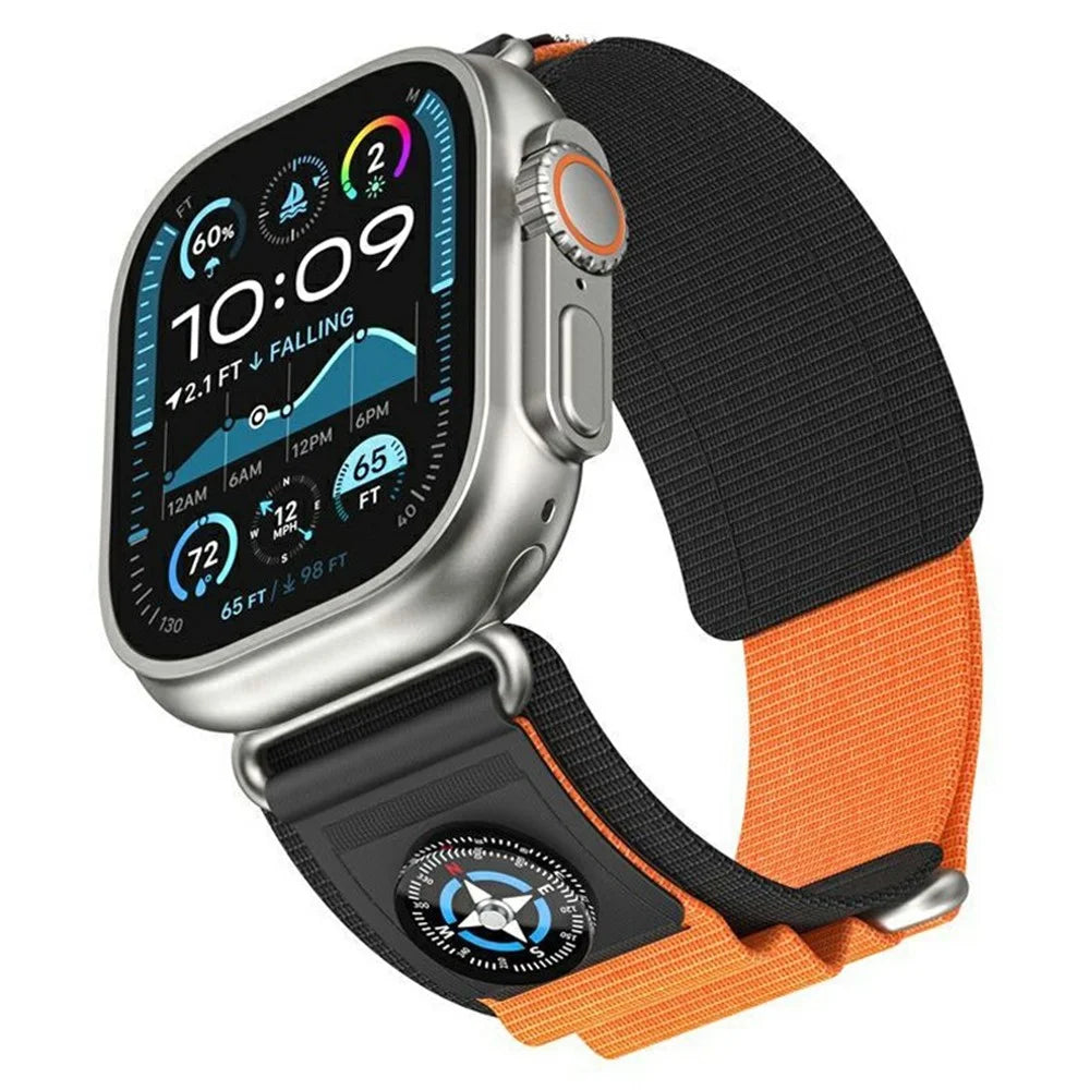 Nylon Band with Compass for Apple Watch Ultra 3 2 1 49mm / Series 11 10 46mm / 9 8 7 45mm / SE3 SE2 SE 6 5 4 44mm / 3 2 1 42mm Adjustable Magic Tape Watch Strap - Black / Orange - 2