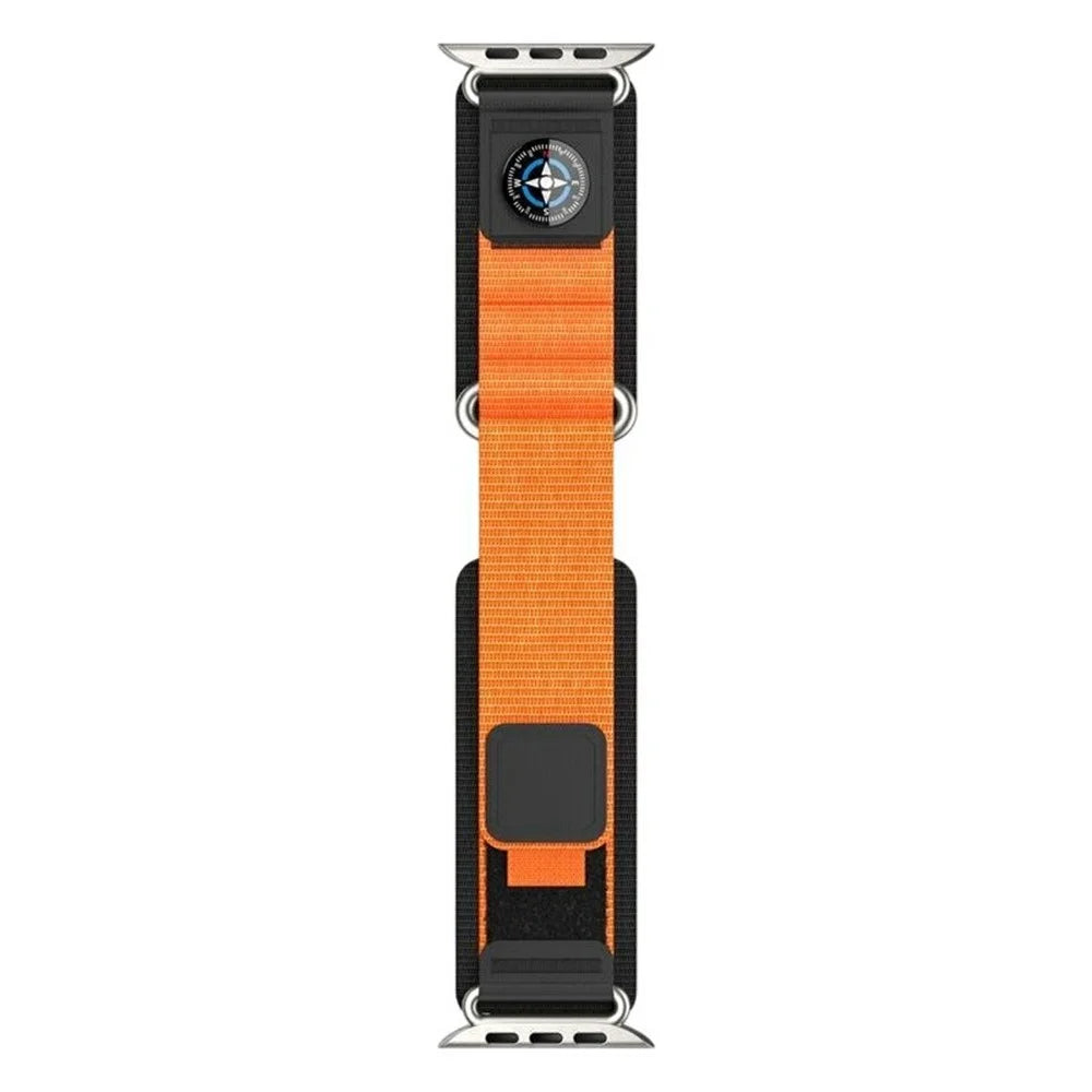 Nylon Band with Compass for Apple Watch Ultra 3 2 1 49mm / Series 11 10 46mm / 9 8 7 45mm / SE3 SE2 SE 6 5 4 44mm / 3 2 1 42mm Adjustable Magic Tape Watch Strap - Black / Orange - 3