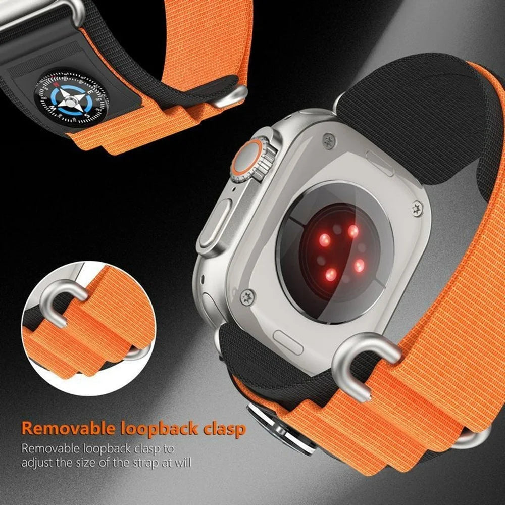 Nylon Band with Compass for Apple Watch Ultra 3 2 1 49mm / Series 11 10 46mm / 9 8 7 45mm / SE3 SE2 SE 6 5 4 44mm / 3 2 1 42mm Adjustable Magic Tape Watch Strap - Black / Orange - 4