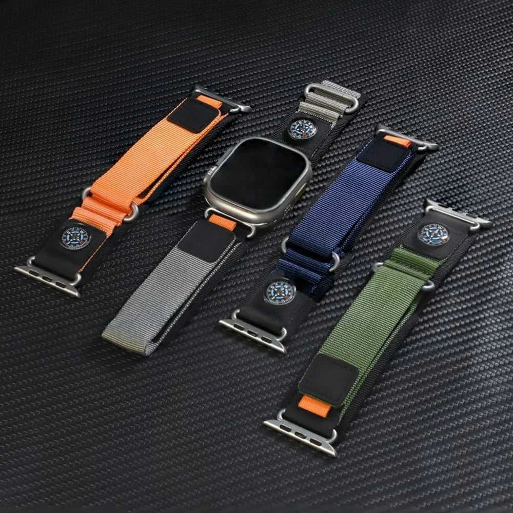 Nylon Band with Compass for Apple Watch Ultra 3 2 1 49mm / Series 11 10 46mm / 9 8 7 45mm / SE3 SE2 SE 6 5 4 44mm / 3 2 1 42mm Adjustable Magic Tape Watch Strap - Black / Orange - 5