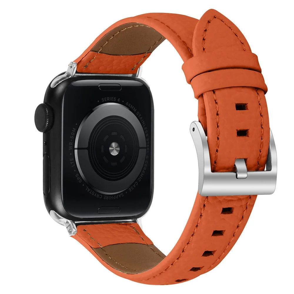 Litchi Textured Genuine Leather Strap for Apple Watch Series 11 10 42mm / 9 8 7 41mm / SE3 SE2 SE 6 5 4 40mm / 3 2 1 38mm Pointed-End Watch Band with Silver Buckle - Orange - 1