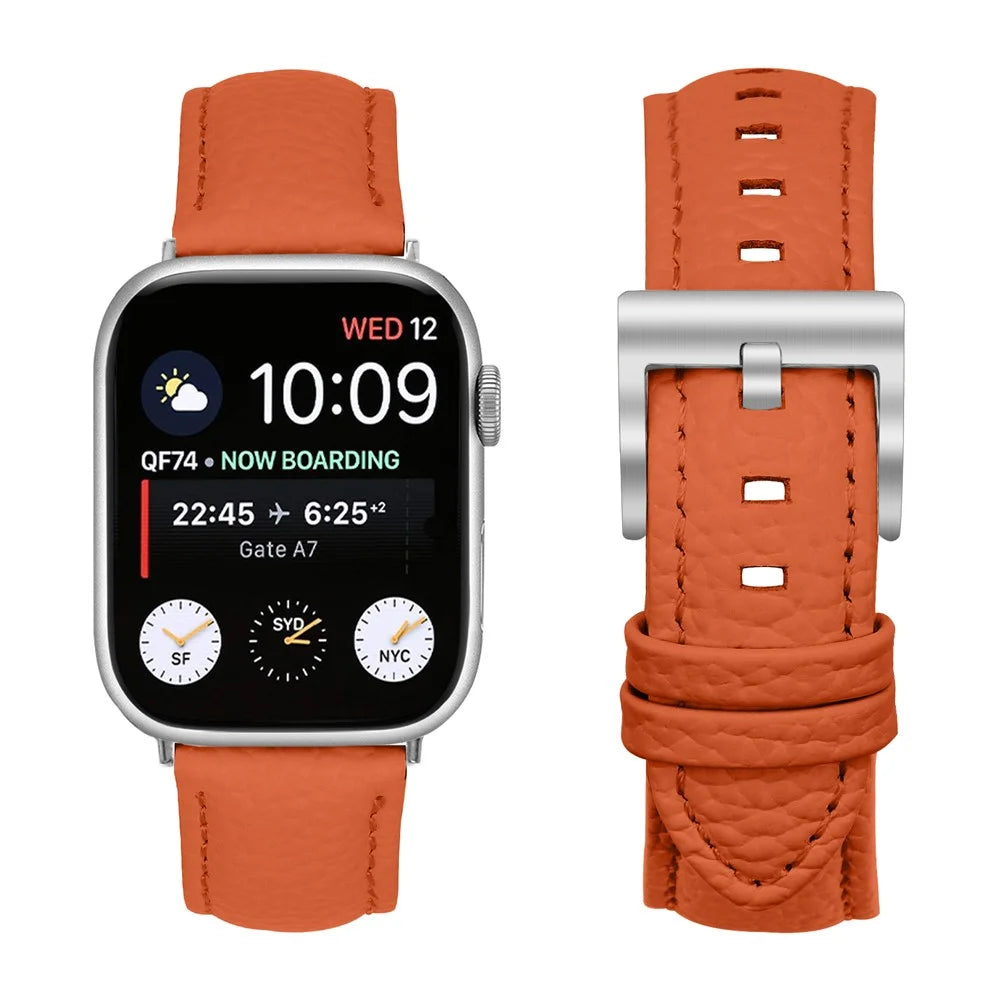 Litchi Textured Genuine Leather Strap for Apple Watch Series 11 10 42mm / 9 8 7 41mm / SE3 SE2 SE 6 5 4 40mm / 3 2 1 38mm Pointed-End Watch Band with Silver Buckle - Orange - 2