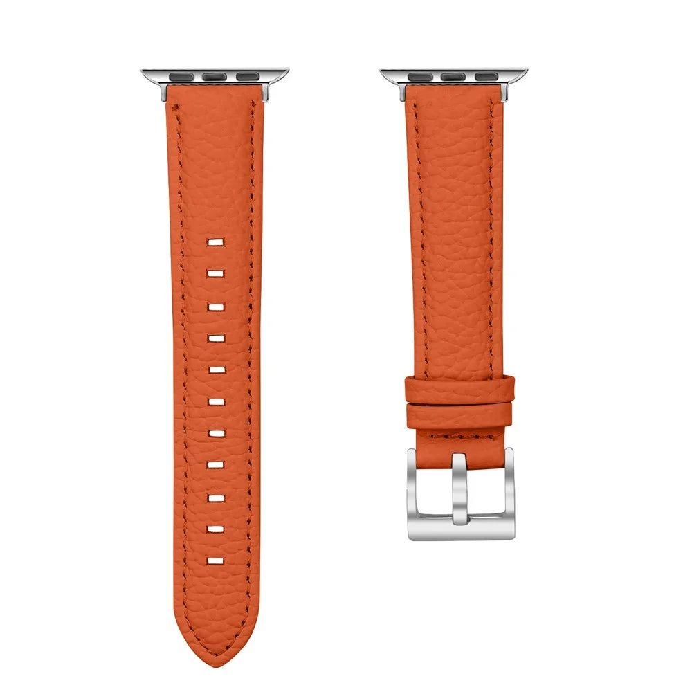 Litchi Textured Genuine Leather Strap for Apple Watch Series 11 10 42mm / 9 8 7 41mm / SE3 SE2 SE 6 5 4 40mm / 3 2 1 38mm Pointed-End Watch Band with Silver Buckle - Orange - 4