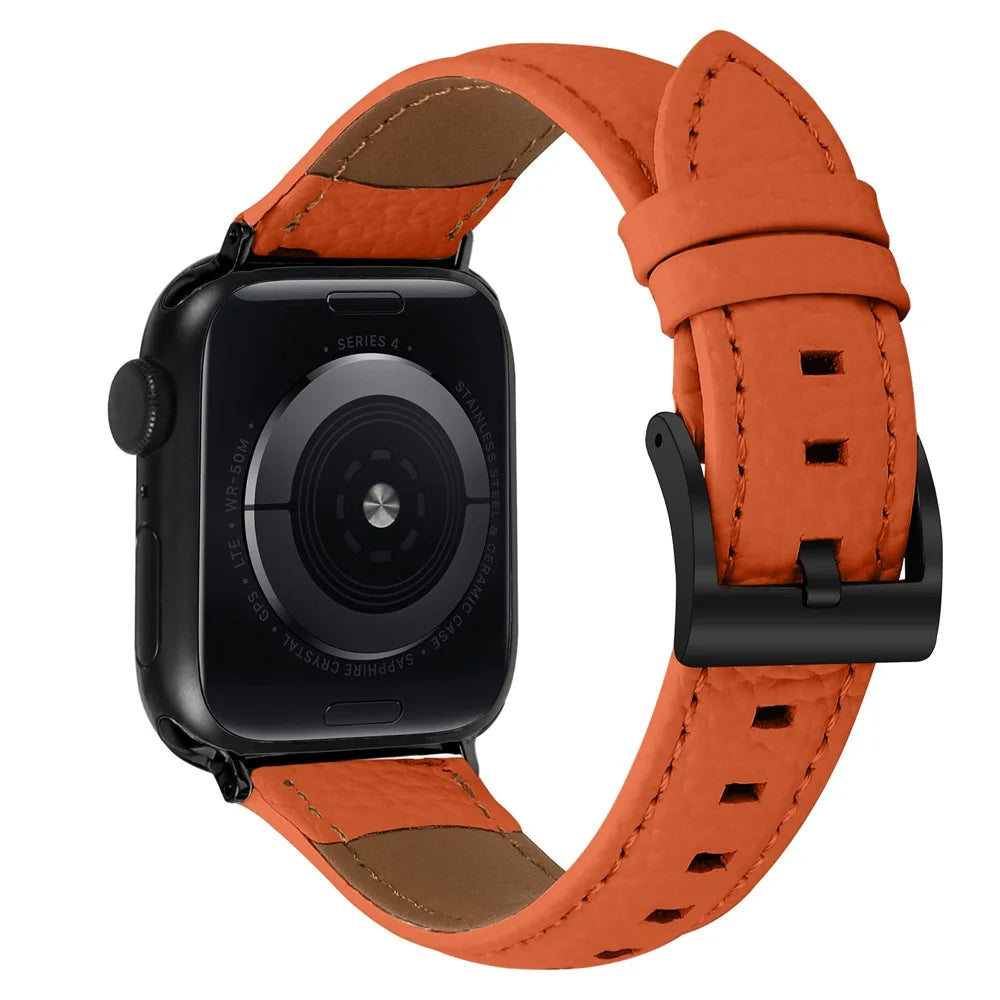 Litchi Textured Genuine Leather Strap with Electroplated Buckle for Apple Watch Series 11 10 42mm / 9 8 7 41mm / SE3 SE2 SE 6 5 4 40mm / 3 2 1 38mm Pointed-End Watch Band - Orange / Black - 1