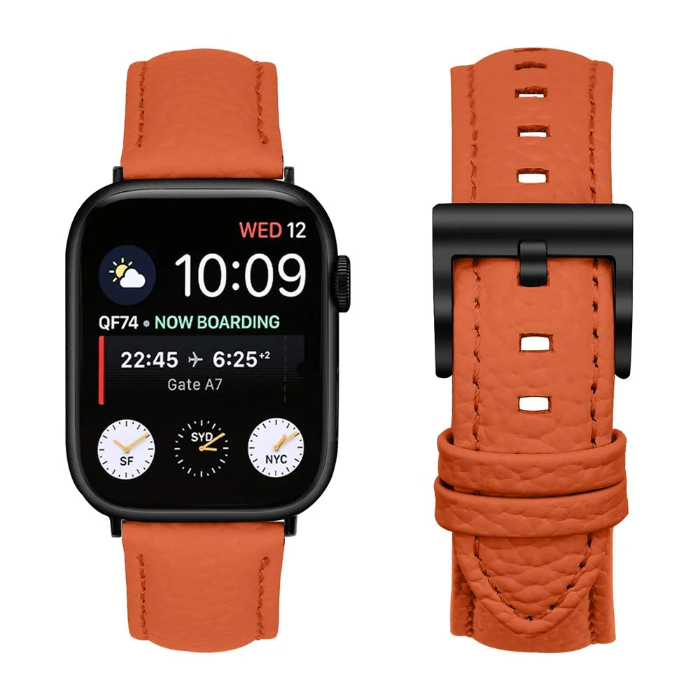 Litchi Textured Genuine Leather Strap with Electroplated Buckle for Apple Watch Series 11 10 42mm / 9 8 7 41mm / SE3 SE2 SE 6 5 4 40mm / 3 2 1 38mm Pointed-End Watch Band - Orange / Black - 2