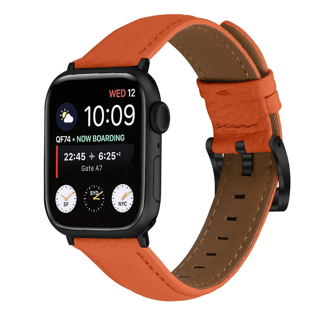 Litchi Textured Genuine Leather Strap with Electroplated Buckle for Apple Watch Series 11 10 42mm / 9 8 7 41mm / SE3 SE2 SE 6 5 4 40mm / 3 2 1 38mm Pointed-End Watch Band - Orange / Black - 3