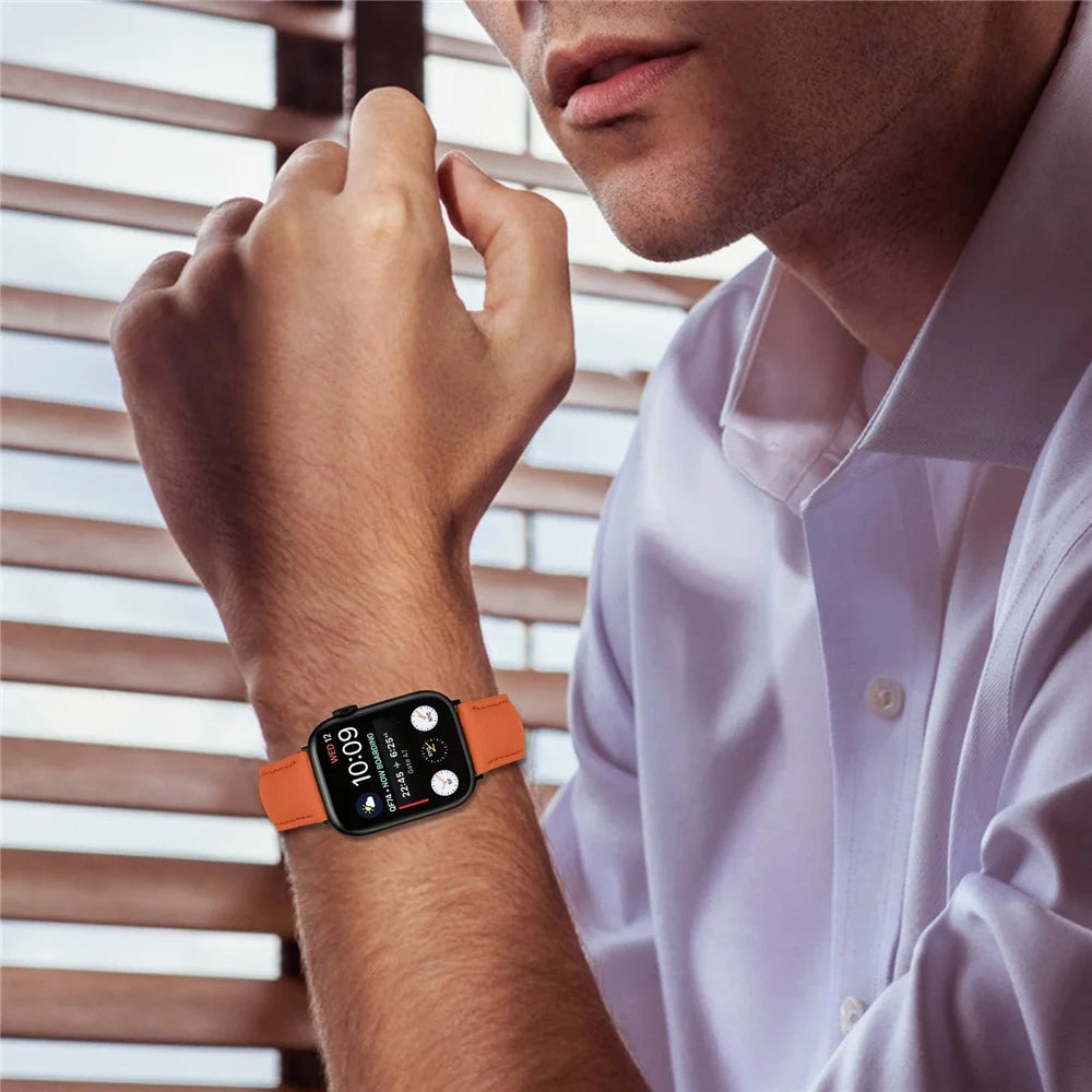 Litchi Textured Genuine Leather Strap with Electroplated Buckle for Apple Watch Series 11 10 42mm / 9 8 7 41mm / SE3 SE2 SE 6 5 4 40mm / 3 2 1 38mm Pointed-End Watch Band - Orange / Black - 6