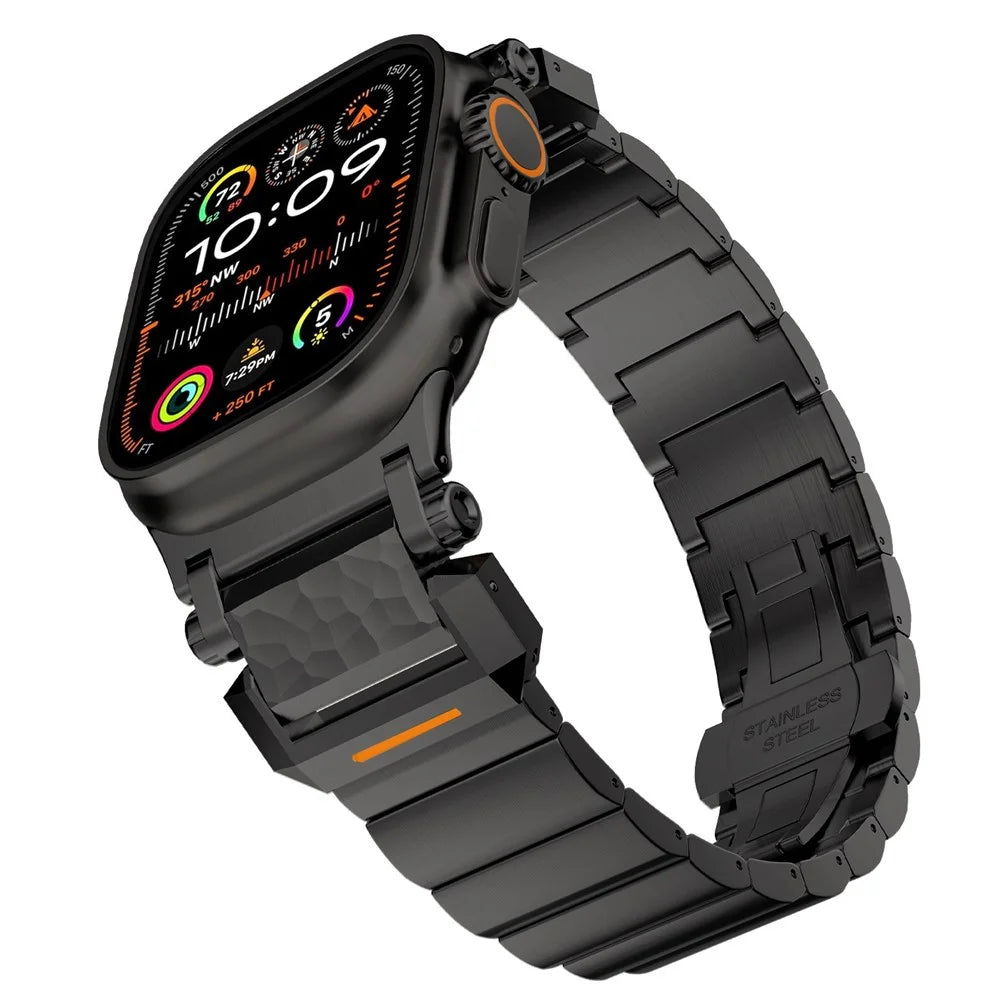 Textured Titanium Metal Band for Apple Watch Ultra 3 2 1 49mm / Series 11 10 46mm / 9 8 7 45mm / SE3 SE2 SE 6 5 4 44mm / 3 2 1 42mm Replacement Watch Strap with Butterfly Clasp - Black - 4
