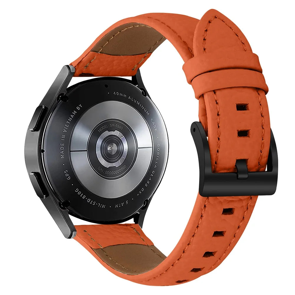 Litchi Textured Genuine Cow Leather Strap with Electroplated Buckle for Coros Pace 2 / Huawei Watch GT 3 42mm / TicWatch GTH Pointed-End Watch Band - Orange / Black - 1