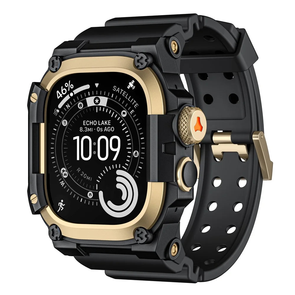 TPU Strap + Metal Case for Apple Watch Ultra 3 / Ultra 2 / Ultra 49mm Breathable Watch Band Protective Cover Combo Set - Gold / Black - 2