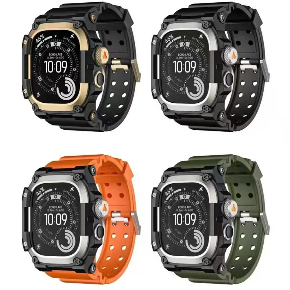 TPU Strap + Metal Case for Apple Watch Ultra 3 / Ultra 2 / Ultra 49mm Breathable Watch Band Protective Cover Combo Set - Gold / Black - 6