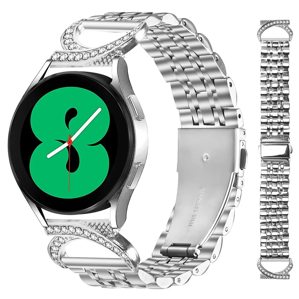 For Garmin Forerunner 570 42mm Watch Band Seven Bead Stainless Steel Strap with Rhinestone Ox Horn Style Connector - Silver - 1