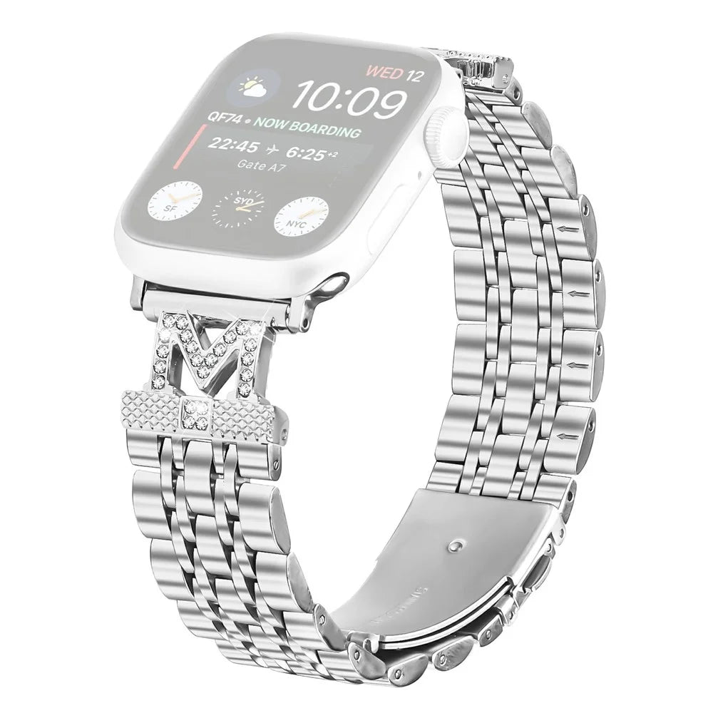 Stainless Steel Strap For Apple Watch Ultra 3 2 1 49mm / Series 11 10 46mm / 9 8 7 45mm / SE3 SE2 SE 6 5 4 44mm / 3 2 1 42mm Rhinestone Decor M-Shaped Connector - Silver - 1