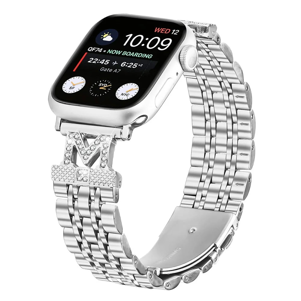 Stainless Steel Strap For Apple Watch Ultra 3 2 1 49mm / Series 11 10 46mm / 9 8 7 45mm / SE3 SE2 SE 6 5 4 44mm / 3 2 1 42mm Rhinestone Decor M-Shaped Connector - Silver - 2