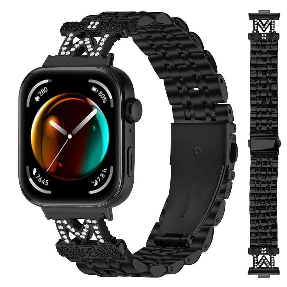 For Huawei Watch Fit 3 Watch Band Stainless Steel Metal Strap with M Shape Connector Rhinestone Decor - Black - 3