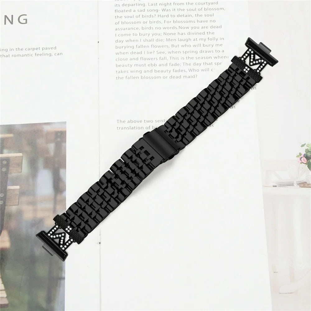 For Huawei Watch Fit 3 Watch Band Stainless Steel Metal Strap with M Shape Connector Rhinestone Decor - Black - 6