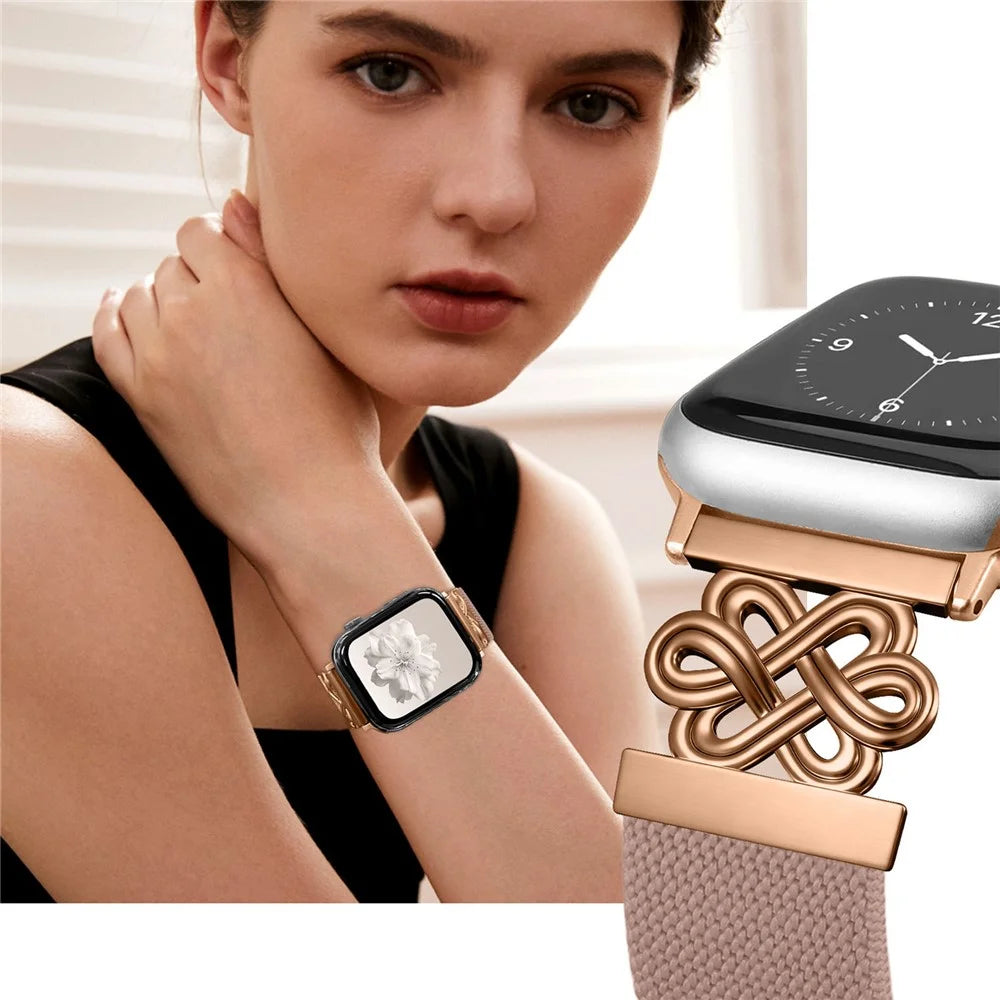Nylon Sport Band For Apple Watch Series 11 10 42mm / 9 8 7 41mm / SE 2023 2022 SE 6 5 4 40mm / 3 2 1 38mm Elastic Strap with Chinese Knot Magnetic Buckle - Pink - 5