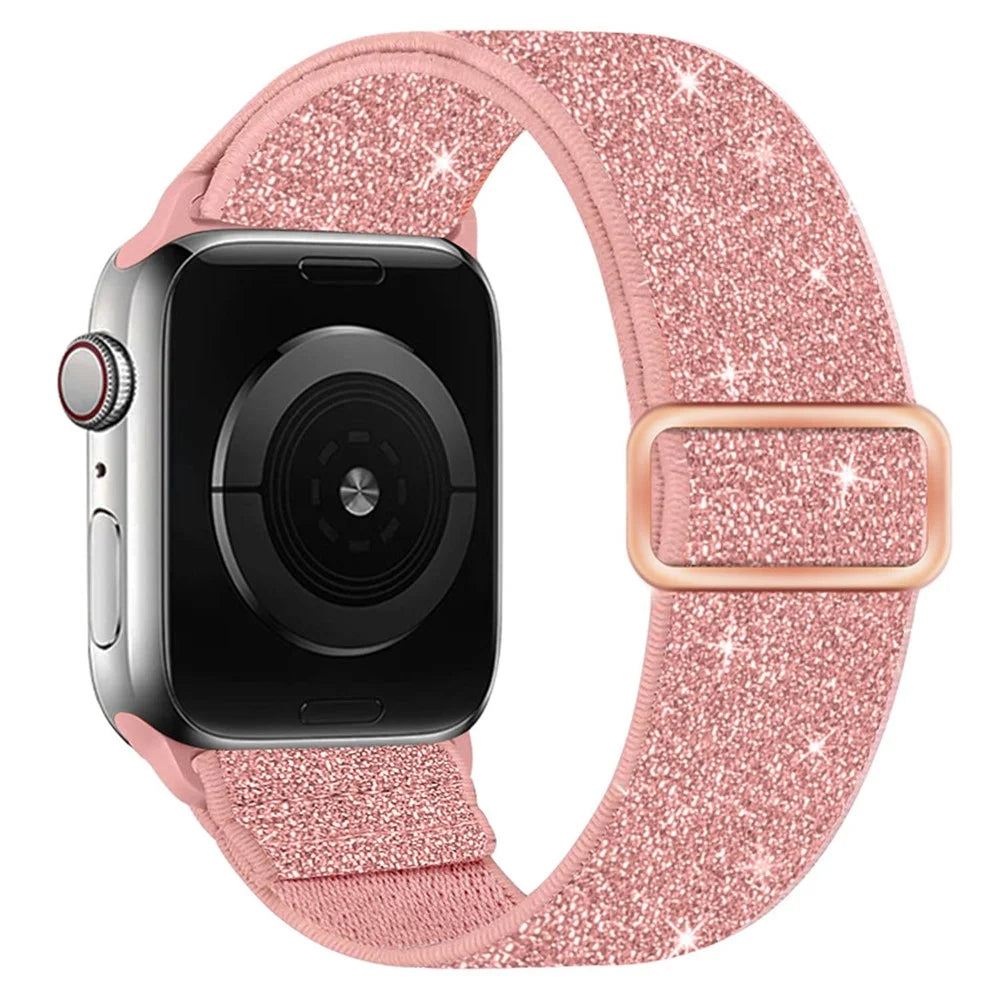 Watch Band For Apple Watch Series 11 10 42mm / 9 8 7 41mm / SE3 SE2 SE 6 5 4 40mm / 3 2 1 38mm Glitter Nylon Elastic Wrist Strap - Pink - 1