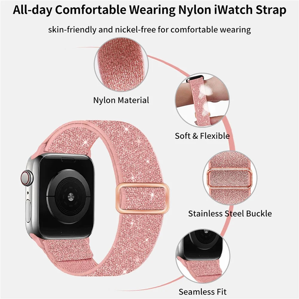 Watch Band For Apple Watch Series 11 10 42mm / 9 8 7 41mm / SE3 SE2 SE 6 5 4 40mm / 3 2 1 38mm Glitter Nylon Elastic Wrist Strap - Pink - 2
