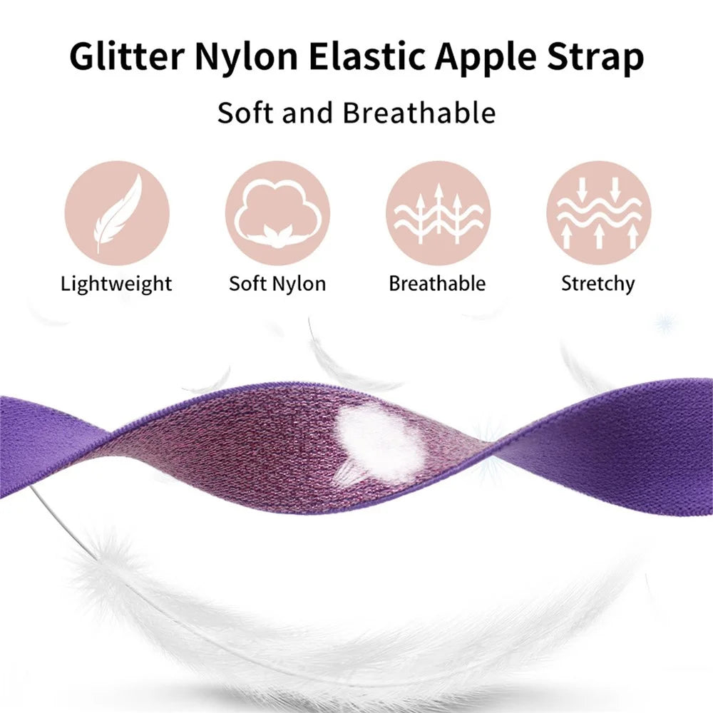 Watch Band For Apple Watch Series 11 10 42mm / 9 8 7 41mm / SE3 SE2 SE 6 5 4 40mm / 3 2 1 38mm Glitter Nylon Elastic Wrist Strap - Pink - 3
