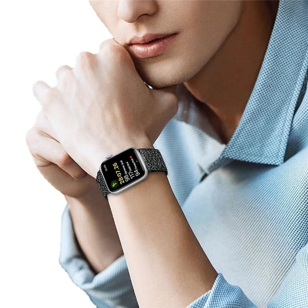 Watch Band For Apple Watch Series 11 10 42mm / 9 8 7 41mm / SE3 SE2 SE 6 5 4 40mm / 3 2 1 38mm Glitter Nylon Elastic Wrist Strap - Pink - 5