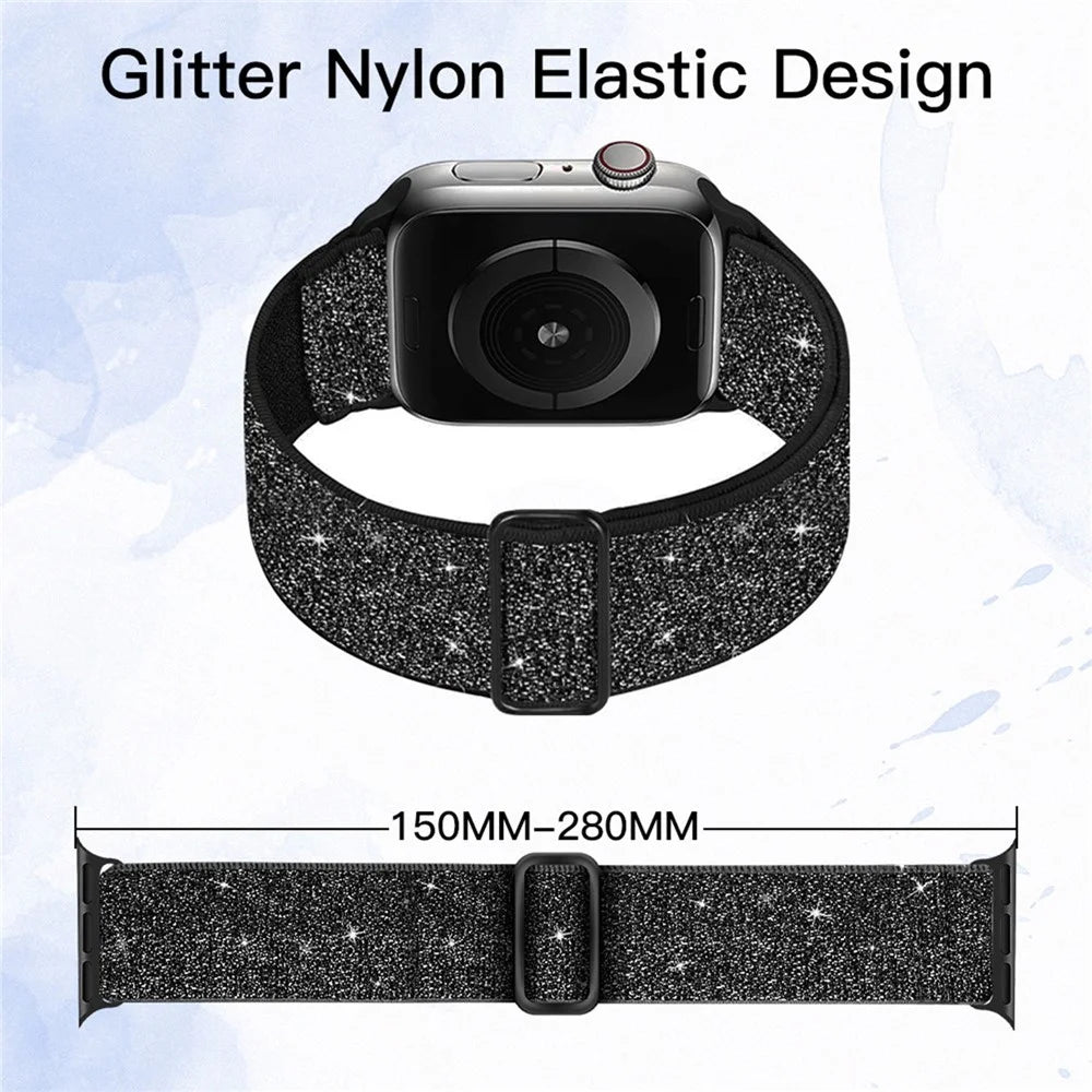 Watch Band For Apple Watch Series 11 10 42mm / 9 8 7 41mm / SE3 SE2 SE 6 5 4 40mm / 3 2 1 38mm Glitter Nylon Elastic Wrist Strap - Pink - 6
