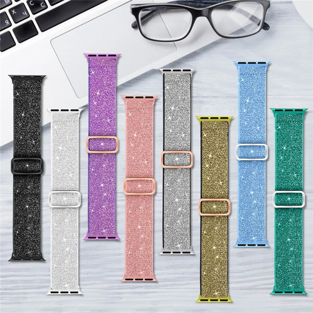 Watch Band For Apple Watch Series 11 10 42mm / 9 8 7 41mm / SE3 SE2 SE 6 5 4 40mm / 3 2 1 38mm Glitter Nylon Elastic Wrist Strap - Pink - 7