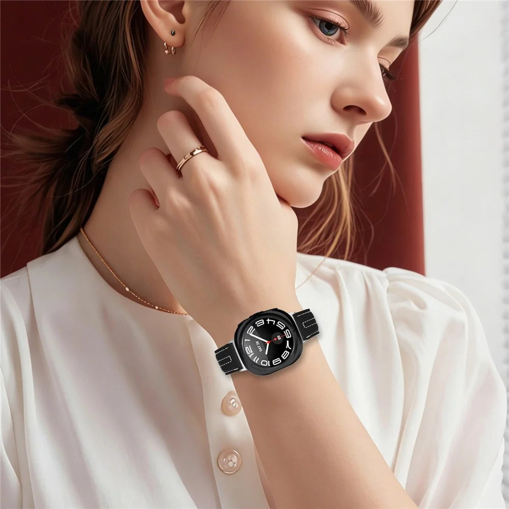 Leather Watch Band for Samsung Galaxy Watch Ultra2 47mm / Watch Ultra (2025) 47mm / Watch Ultra 47mm Wristband Replacement with Stitching - Black - 4